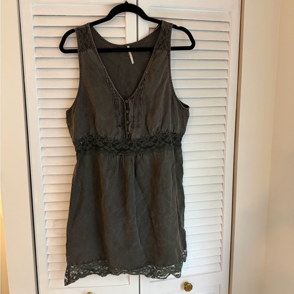 Vintage Free People Black Denim and Lace-Trim Sleeveless Top
